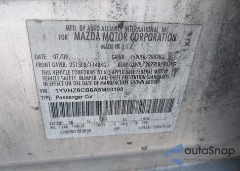 2010 Mazda Mazda6 S Touring Plus z USA, uszkodzony, nr VIN 1YVHZ8CB8A5M03193